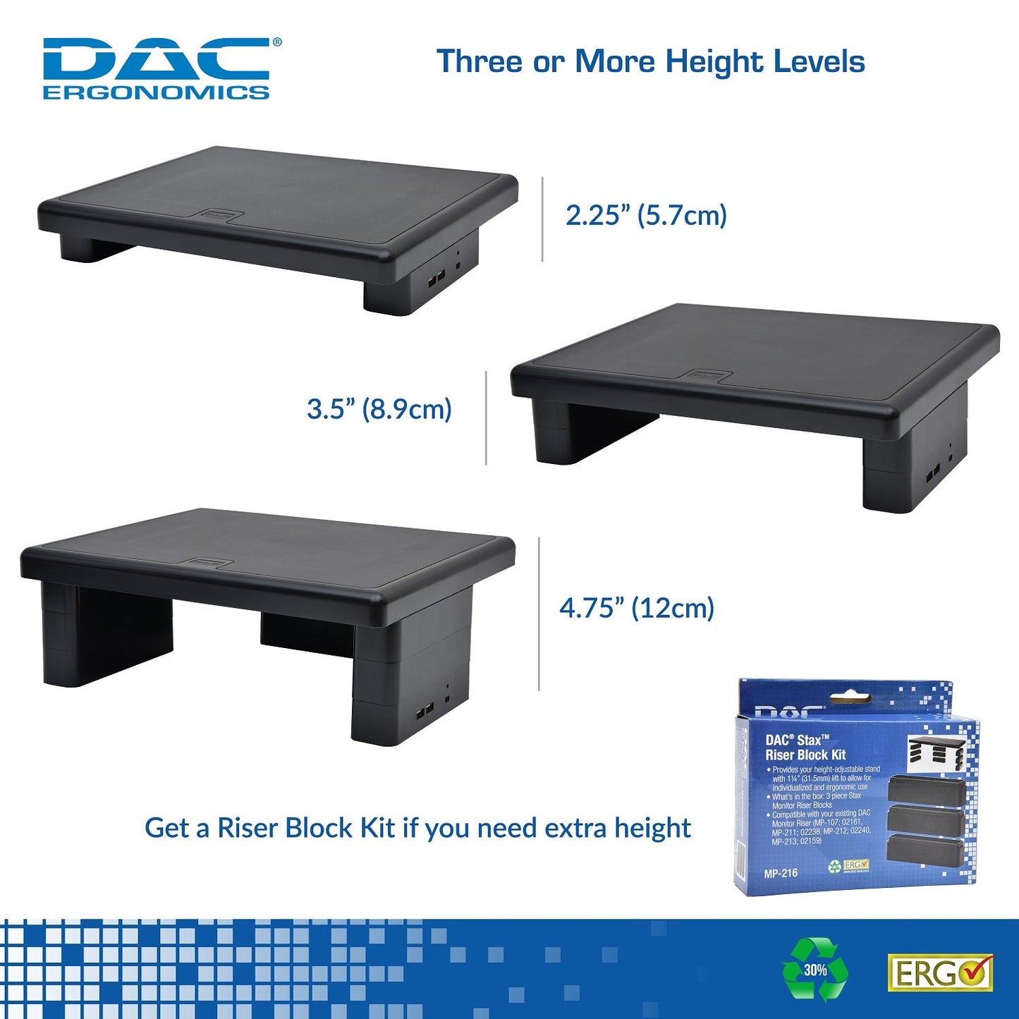 DAC® Stax MP-213 Support pour moniteur/ordinateur portable réglable en hauteur avec 2 ports USB, noir