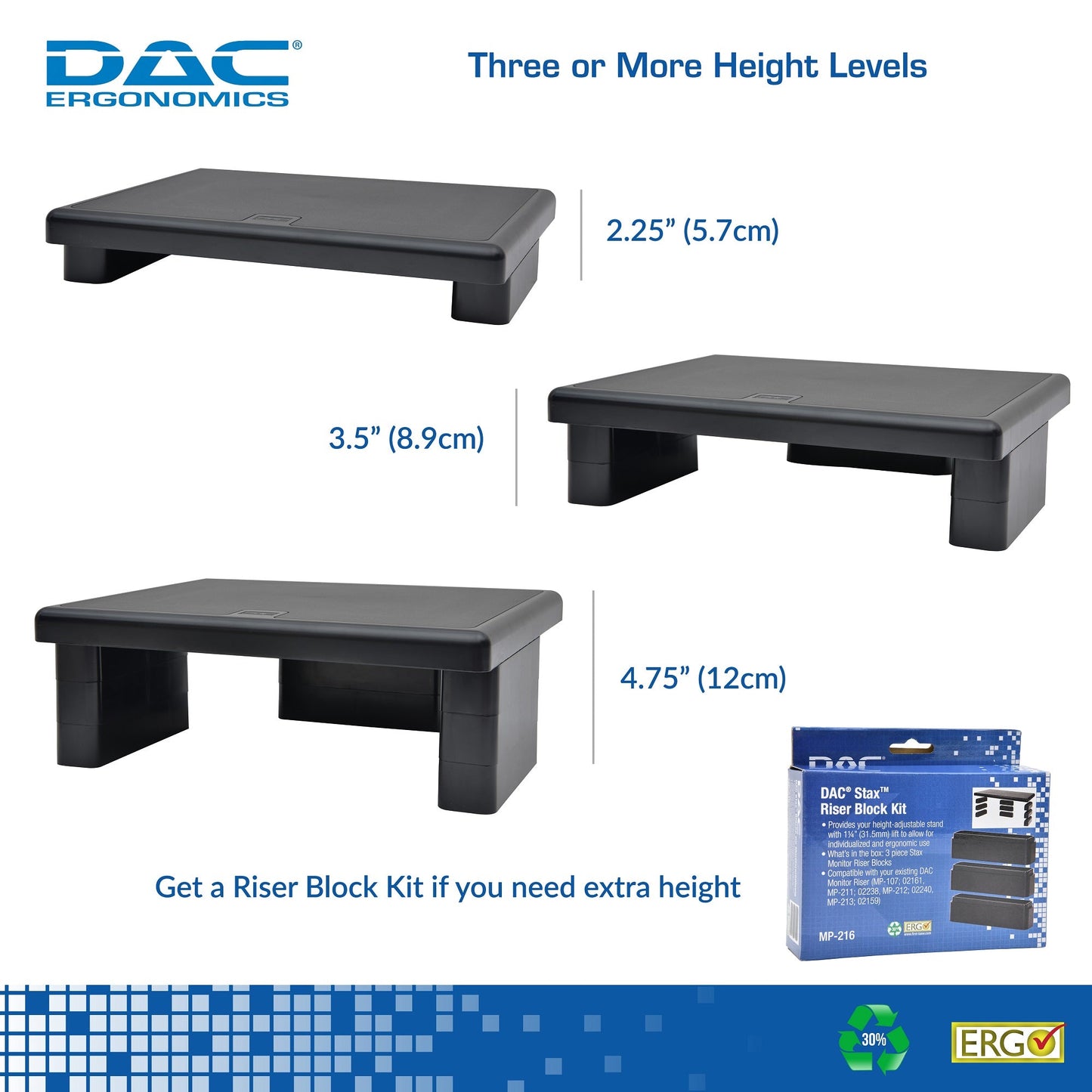 DAC® Stax MP-107x2 Support ergonomique pour moniteur/ordinateur portable, réglable en hauteur, noir, paquet de 2