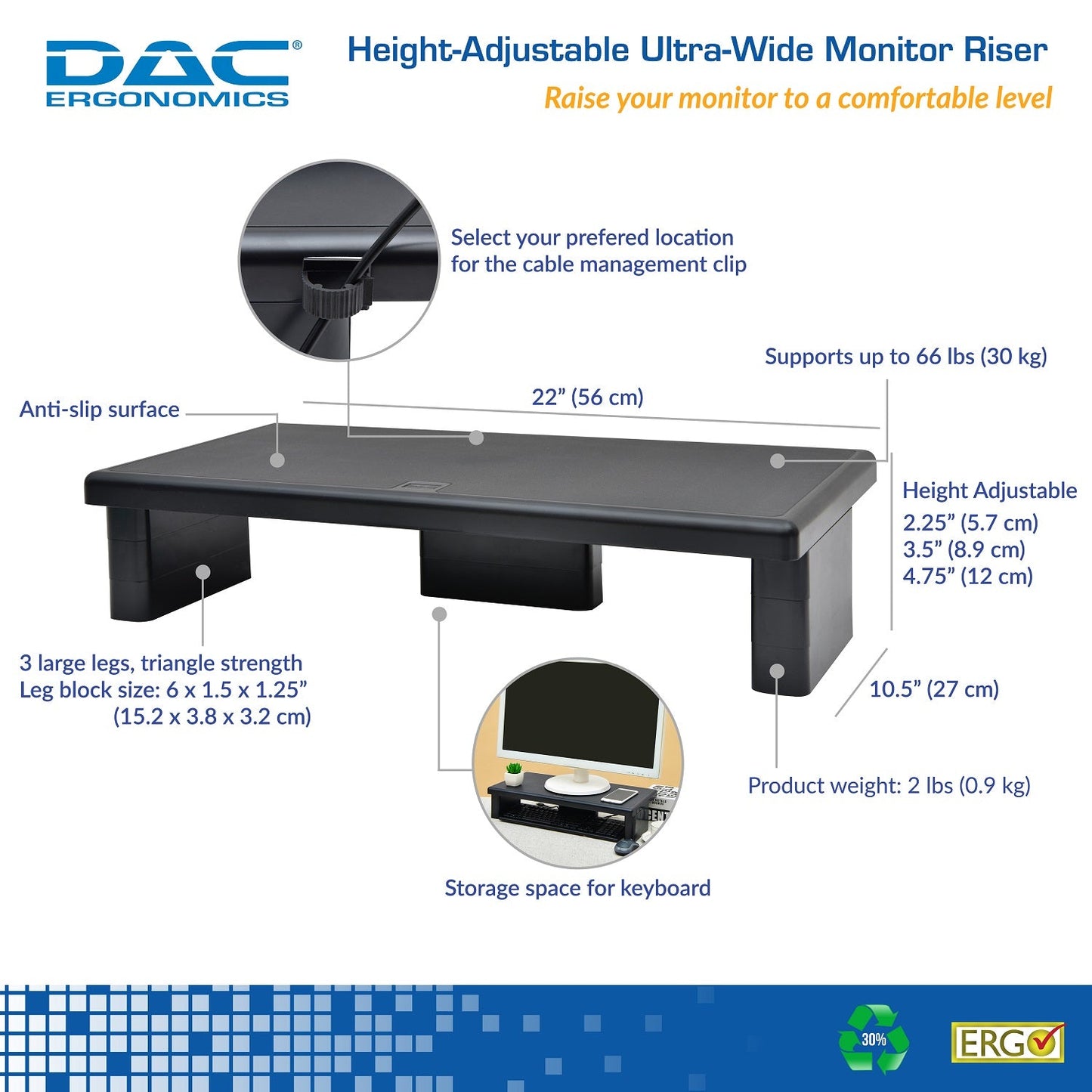DAC® Stax MP-211 Support pour écran/ordinateur portable ultra-large réglable en hauteur, noir