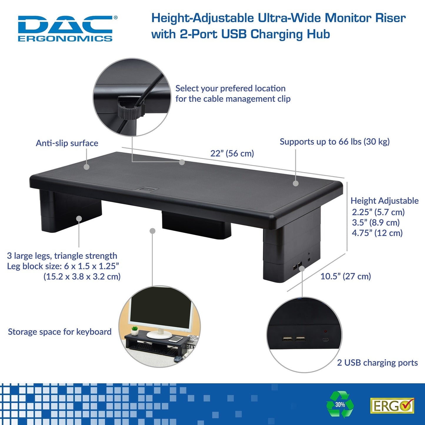 DAC® Stax MP-212 Support pour écran/ordinateur portable ultra-large réglable en hauteur avec 2 ports USB, noir
