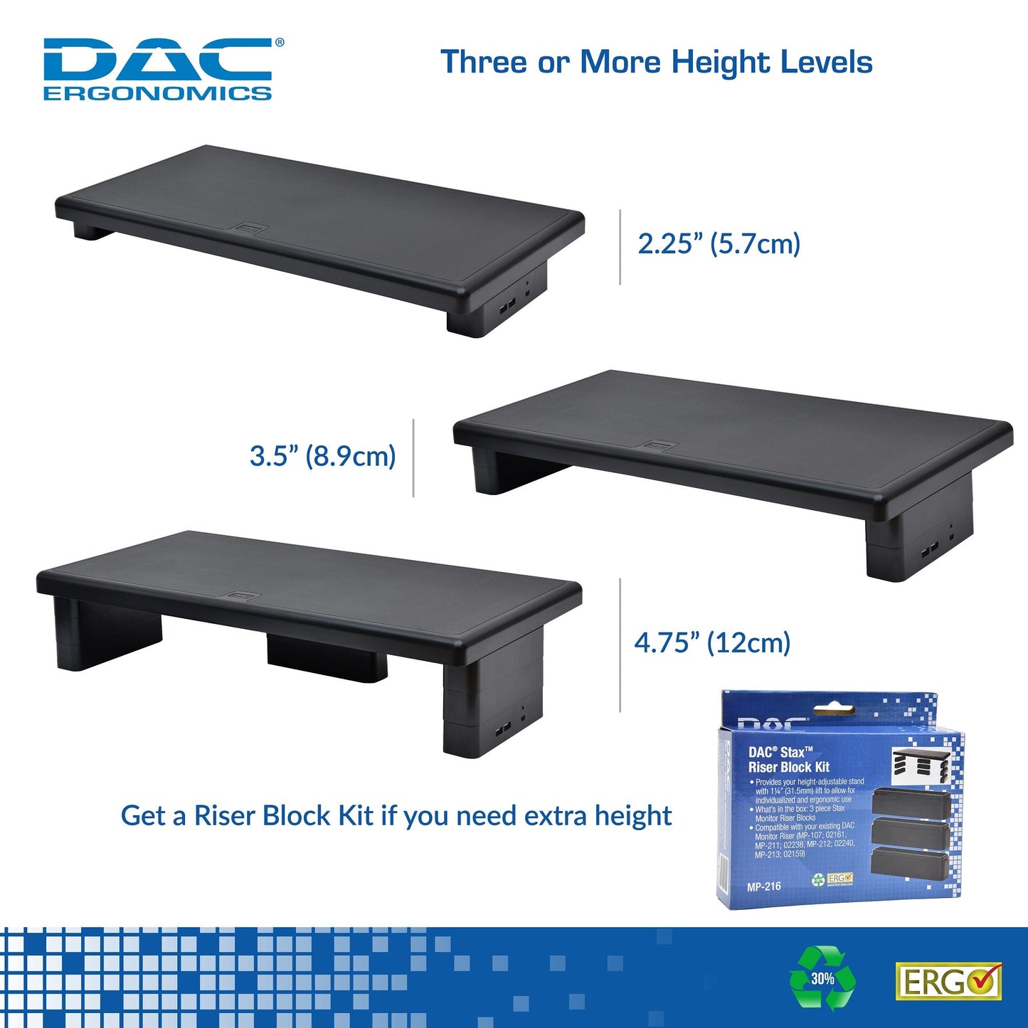 DAC® Stax MP-212 Support pour écran/ordinateur portable ultra-large réglable en hauteur avec 2 ports USB, noir