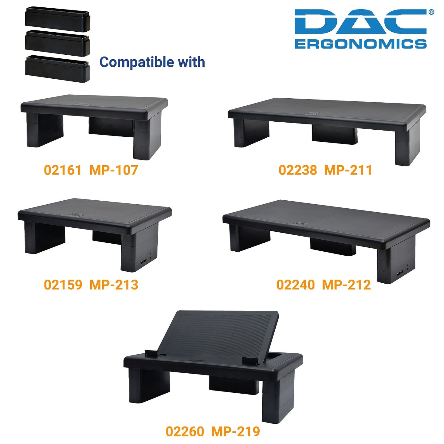 DAC® Stax MP-216 Kit de blocs de montage ergonomiques pour moniteur/ordinateur portable à hauteur réglable, noir