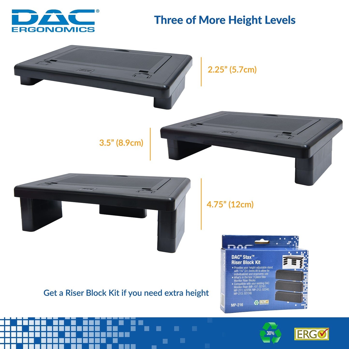 DAC® Stax MP-219 Moniteur convertible réglable en hauteur et en angle, ordinateur portable, support d'imprimante