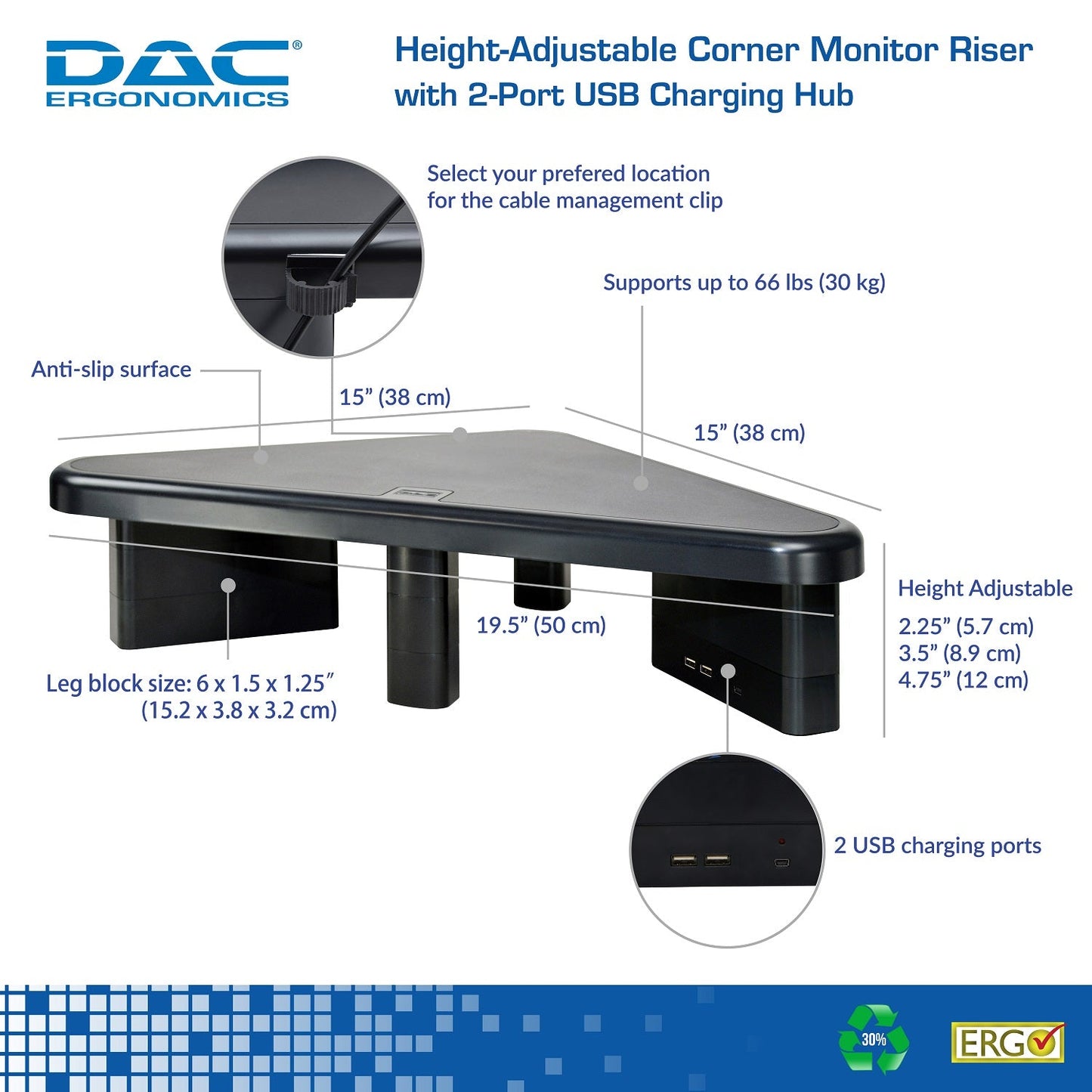 DAC® Stax MP-214 Height-Adjustable Corner Monitor/Laptop Stand with 2-USB Ports, Black
