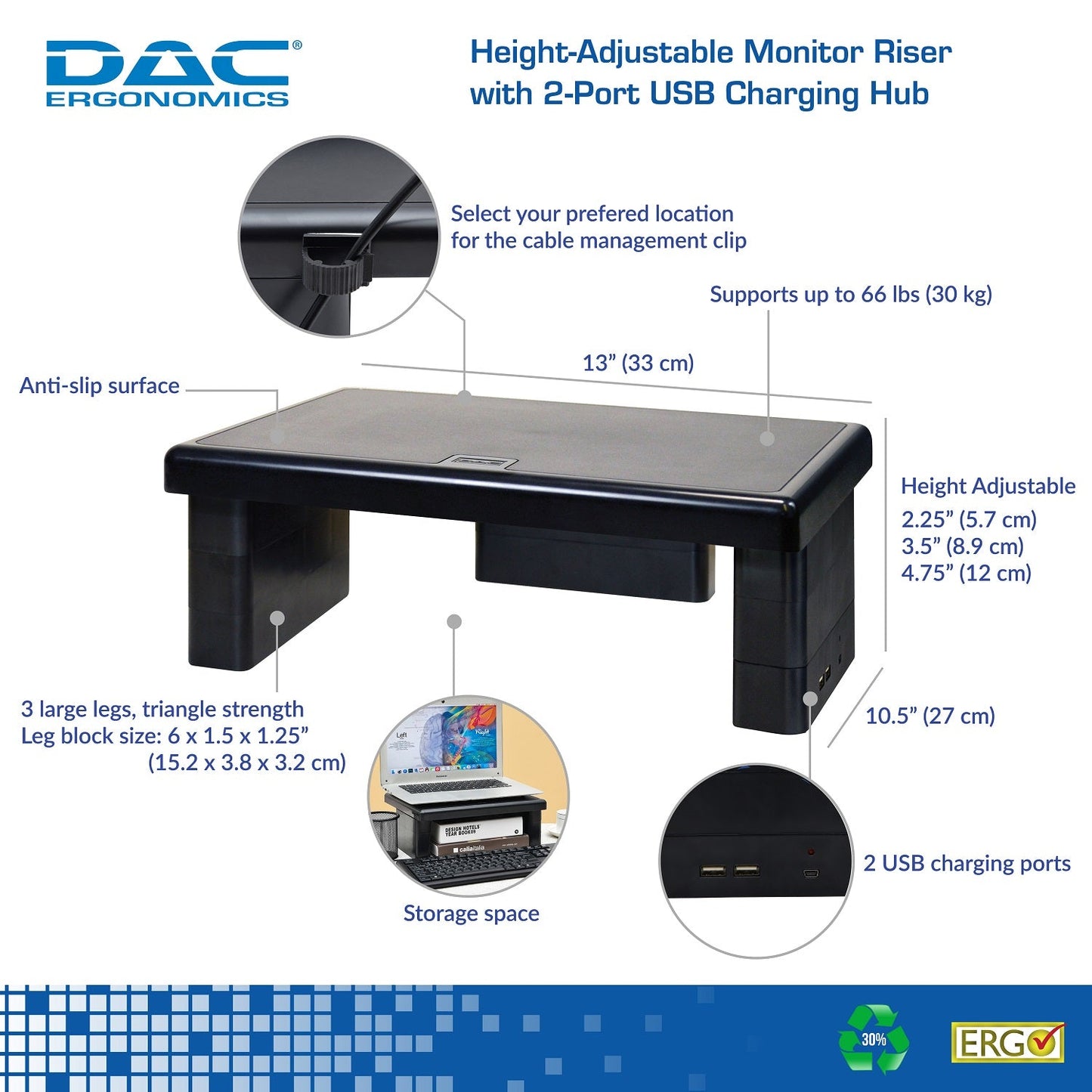 DAC® Stax MP-213 Height-Adjustable Monitor/Laptop Stand with 2-USB Ports, Black