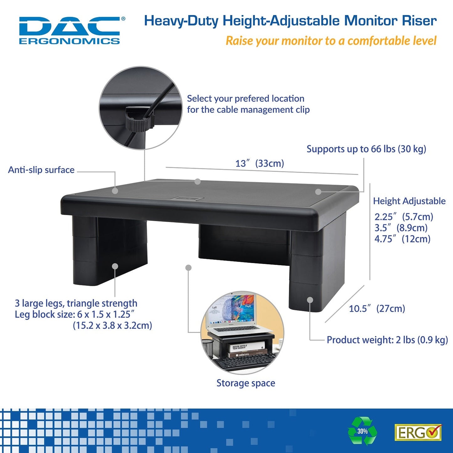 DAC® Stax MP-107 Support ergonomique pour moniteur/ordinateur portable, réglable en hauteur, noir