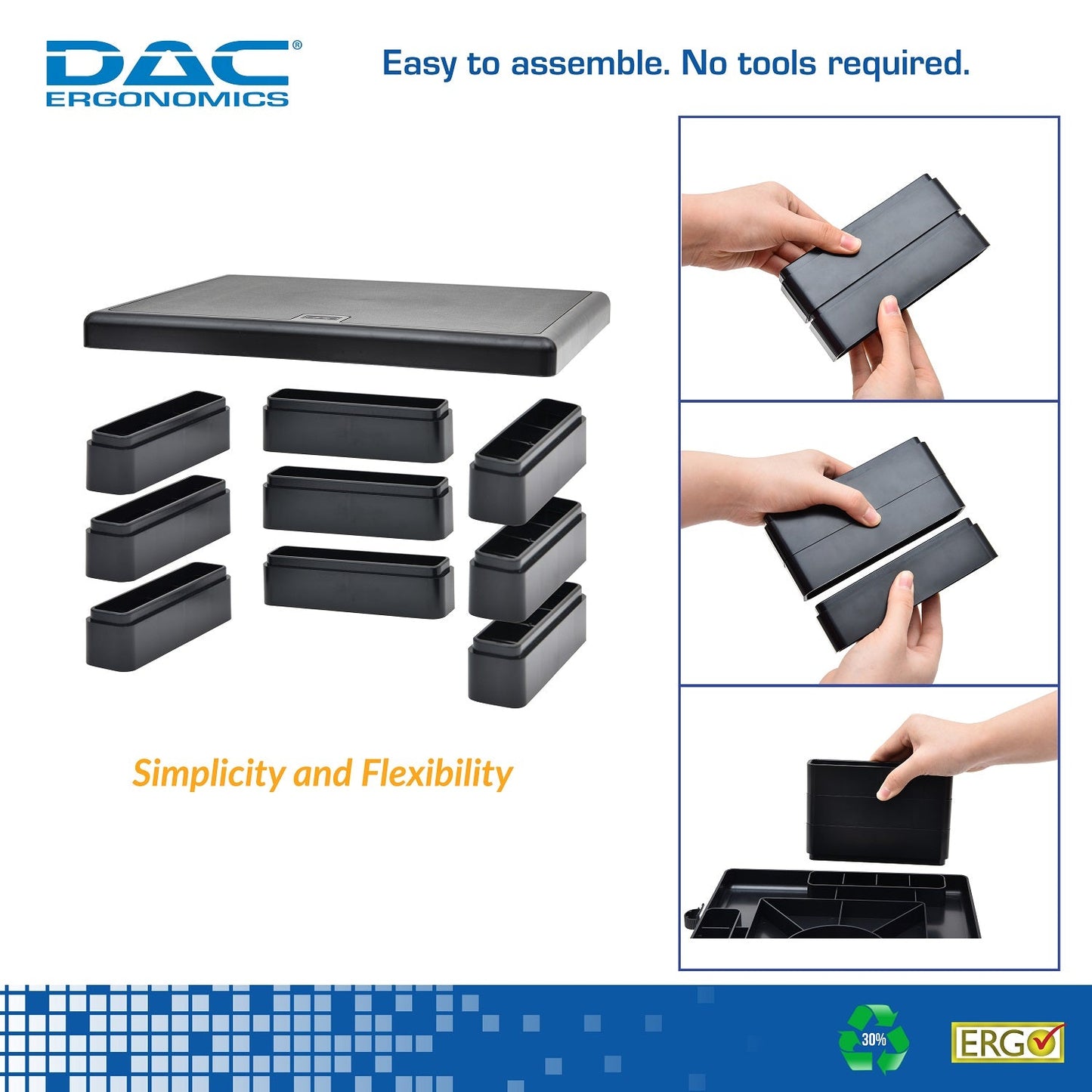 DAC® Stax MP-107 Ergonomic Height-Adjustable Monitor Riser/Laptop Stand, Black