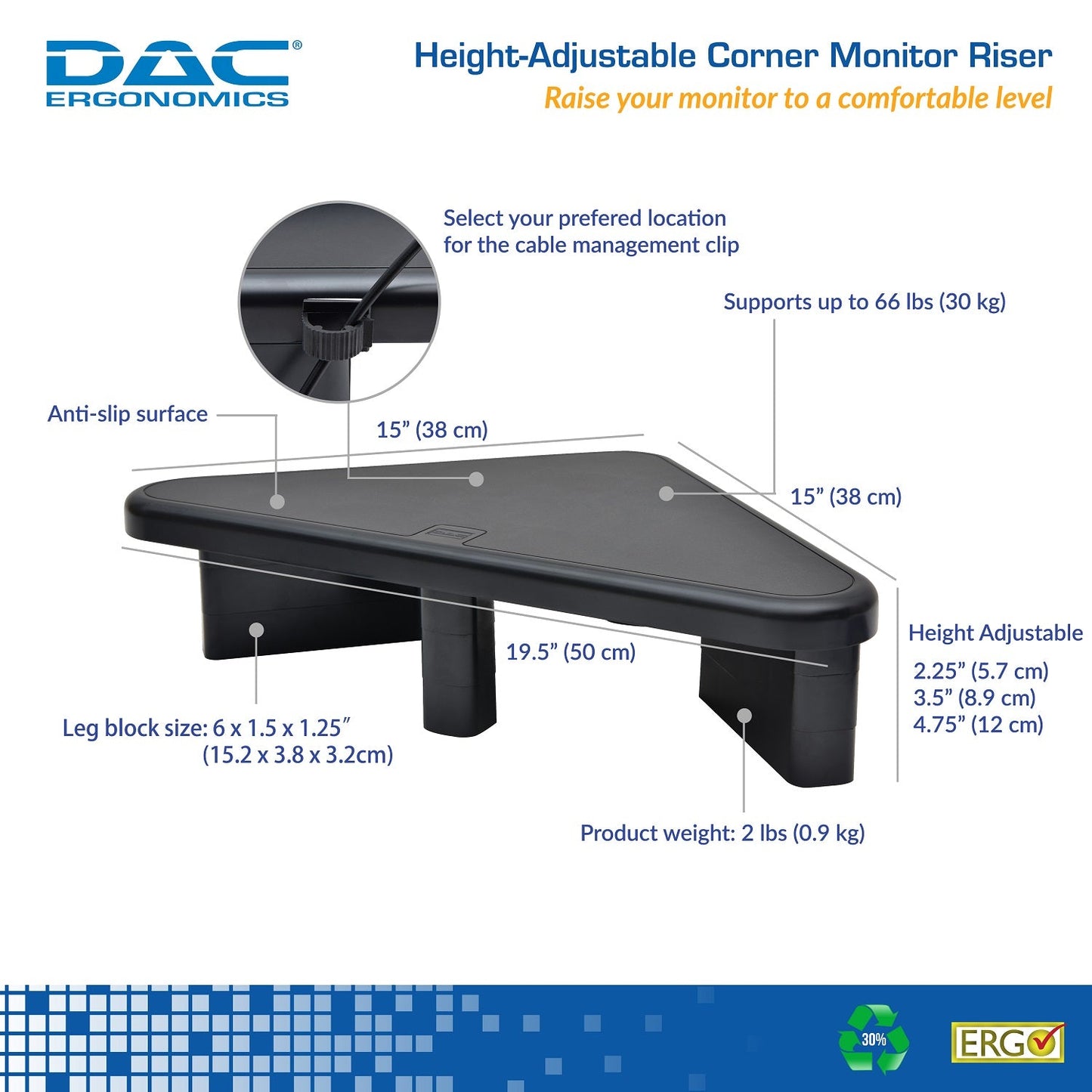 Support de moniteur d'angle réglable en hauteur DAC® Stax MP-197, noir