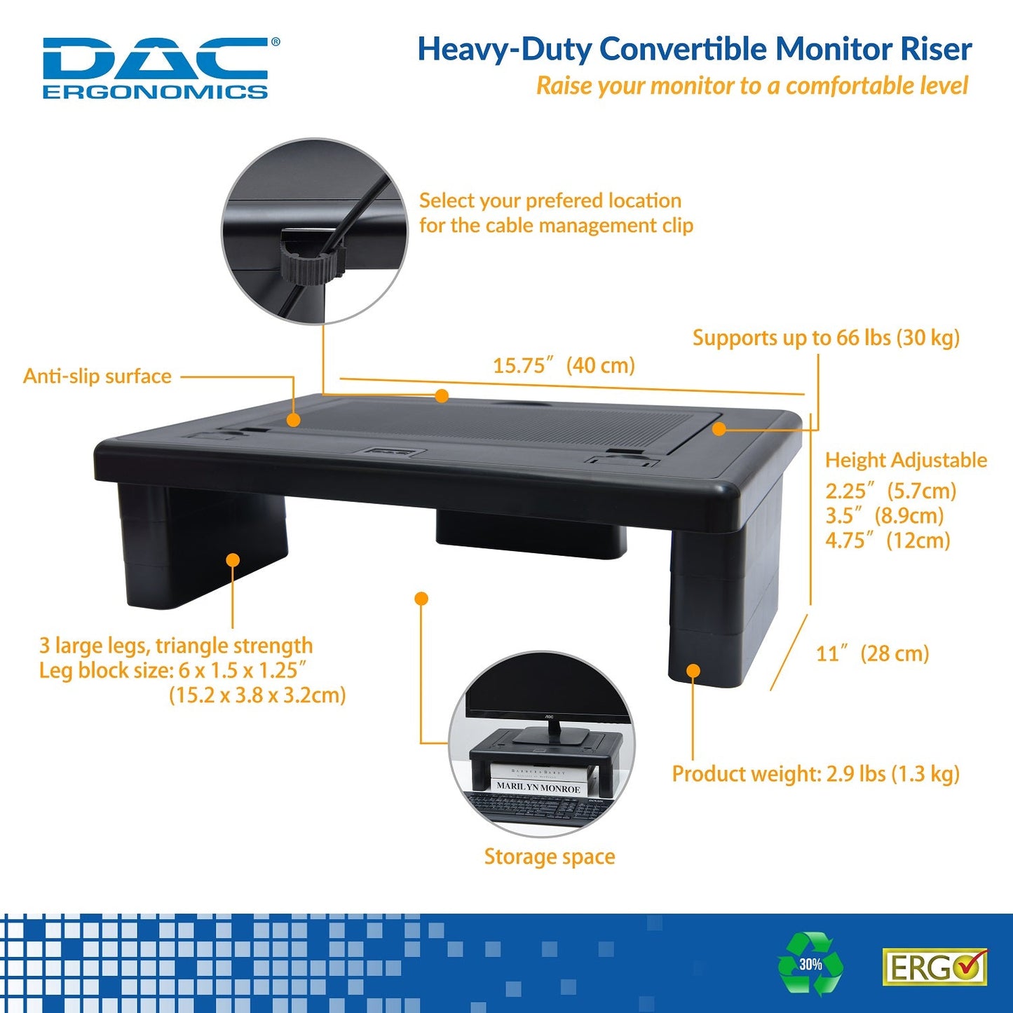 DAC® Stax MP-219 Moniteur convertible réglable en hauteur et en angle, ordinateur portable, support d'imprimante